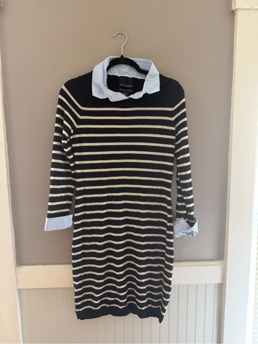 CYNTHIA ROWLEY Striped Black and Cream Knit Sweater Dress
